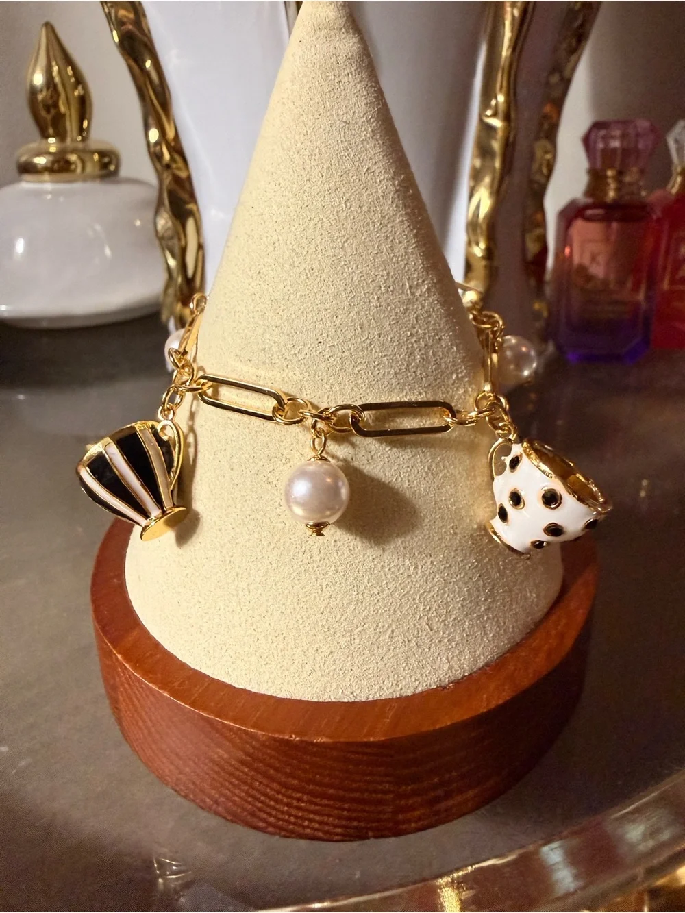 kate spade Gold Charm Bracelet with Black & White Teacup Charms and Pearl Drops